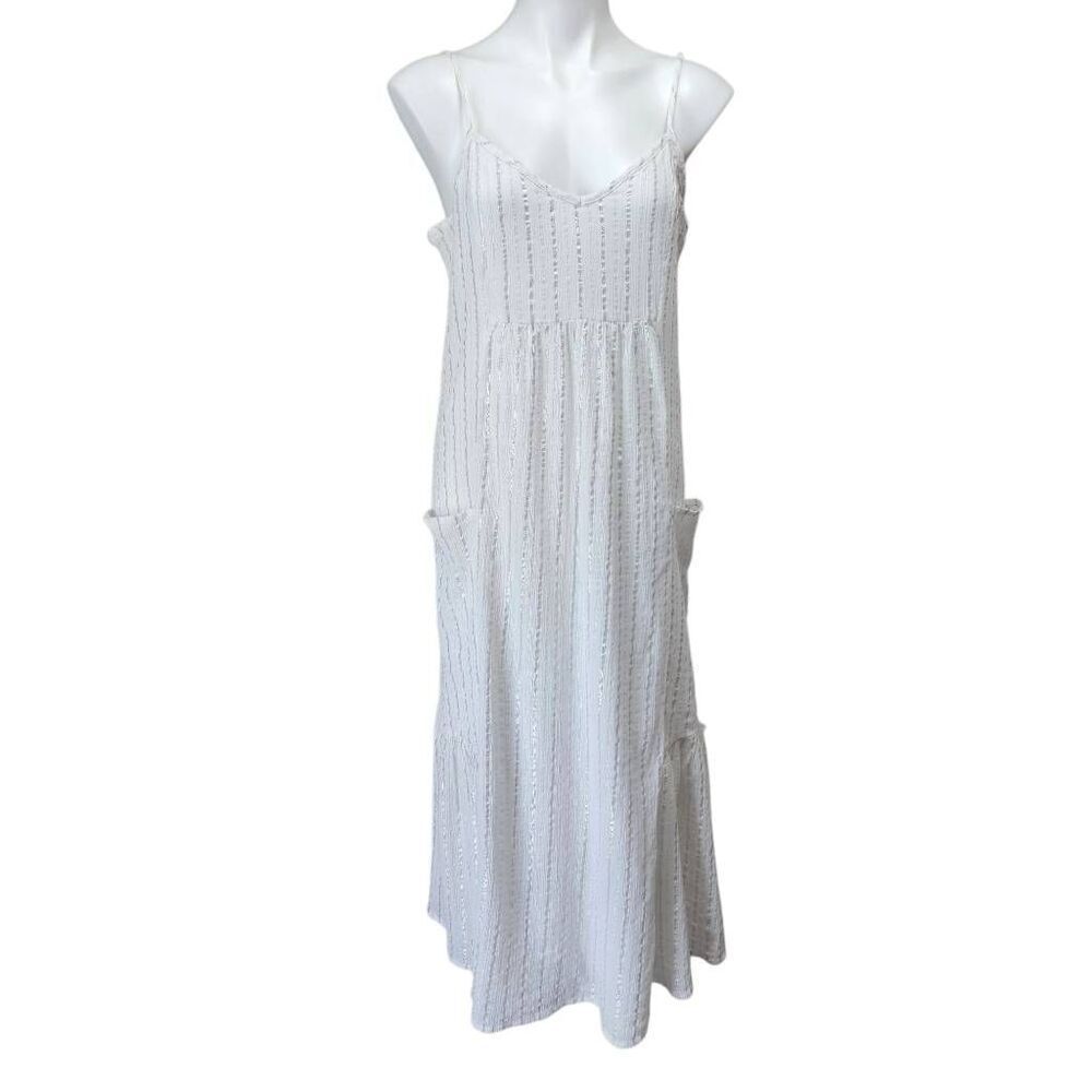 Aerie sundress white silver metallic striped front pockets‎ lagenlook medium